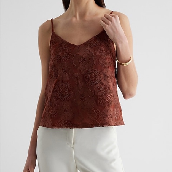 Express Tops - Express Embroidered Floral Mesh V-Neck Cami